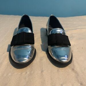 Stuart Weitzman Silver Loafers with Black Bow Worn in Great Condition Size 7.5